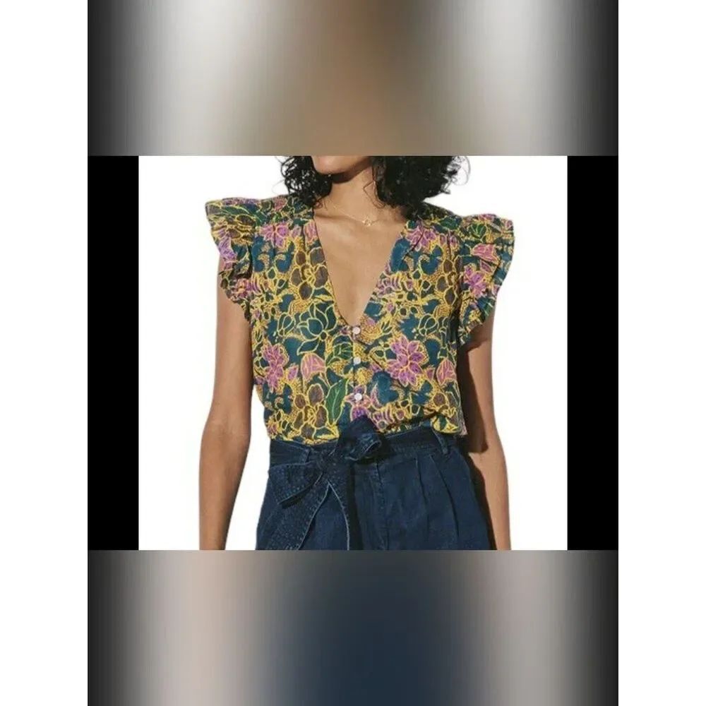 Cleobella Chloe Floral Flutter Sleeve Button Down Cotton Blouse Teal Yellow M